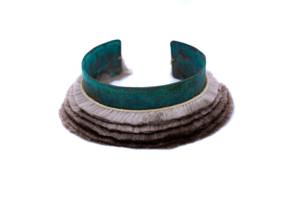 blue layered bracelet with ombre trimmed fur