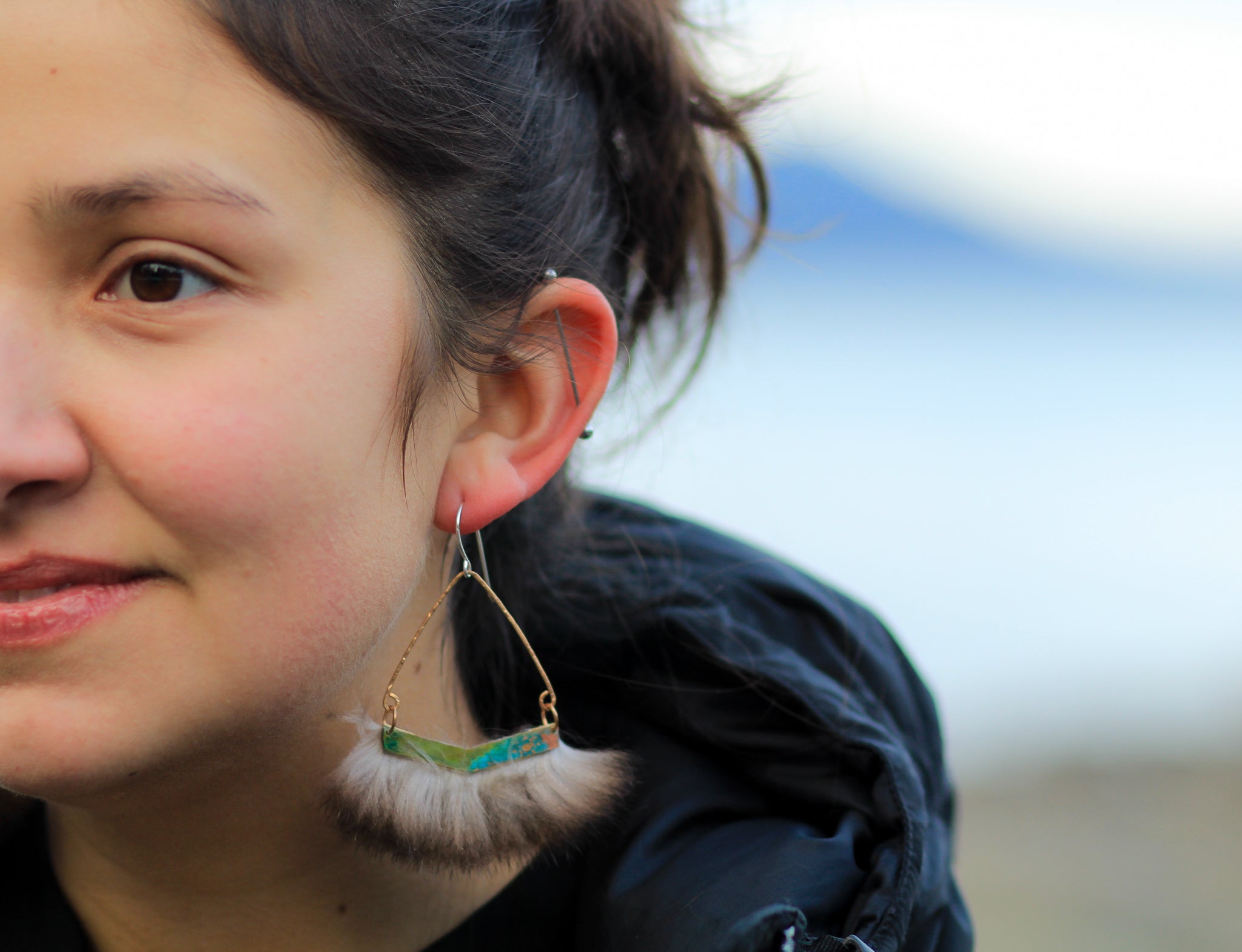 Patina Earrings in the crisp winter Alaskan weather