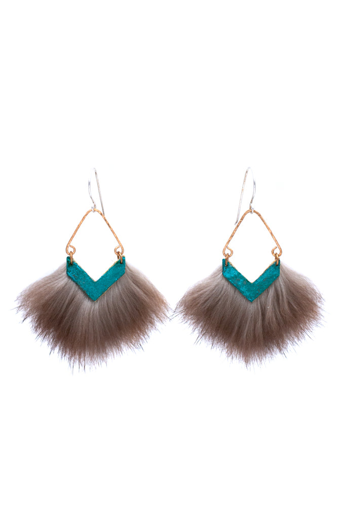 teal blue earrings with sea otter fur and hammered bronze